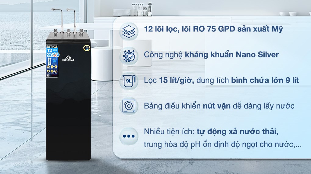 Máy lọc nước RO nóng nguội lạnh Hòa Phát HPN669 12 lõi